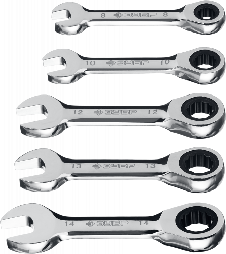 Набор комбинированных гаечных ключей трещоточных укороченных 5 шт, 8 - 14 мм, ЗУБР / 27103-H5
